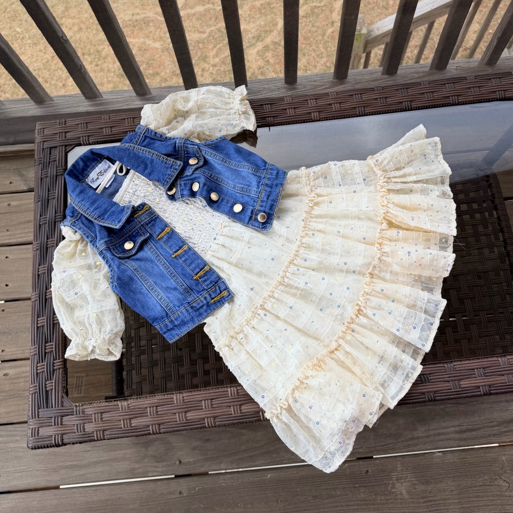 Rare Editions Cream Eyelet Dress with Blue Denim Vest Size 5